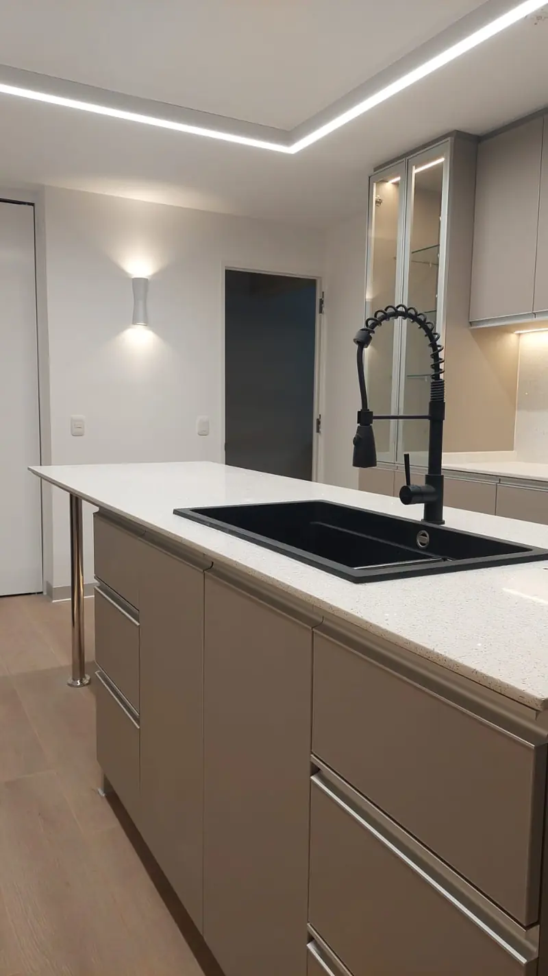 Cocina a medida con isla, tablero de cuarzo y muebles altos